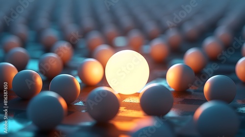 Glowing Orb Amid Arranged Spheres - Conceptual Tech Innovation and Business Strategy Scene