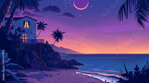 Twilight beach flat design front view, coastal theme, cartoon drawing, Triadic color scheme