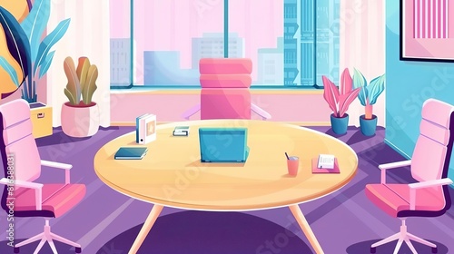 A professional and modern office space with a large desk  comfortable chairs  and a beautiful view of the city. The office is decorated in a modern style with pops of color.