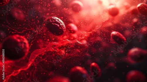 Magnified View of Crimson Red Blood Cells Coursing Through a Delicate Vascular Network with Cinematic Dramatic Lighting and Organic Textures
