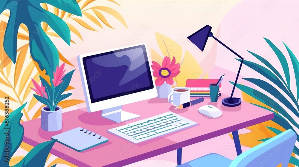 A cozy and bright workspace with a computer, lamp, books, coffee cup, and plants. The perfect place to work on your next project. A cozy and bright workspace with a computer, lamp, books, coffee cup, and plants. The perfect place to work on your next project.