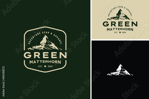 Top Peak Mount of Matterhorn Alps Mountain Silhouette for Adventure Outdoor Vintage Label Logo Design