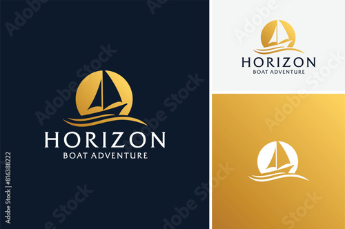 Golden Moon or Sun Sunset with Sail Boat Ship Vessel and sea wave for Ocean Sailing Adventure Travel Trip Transportation logo design