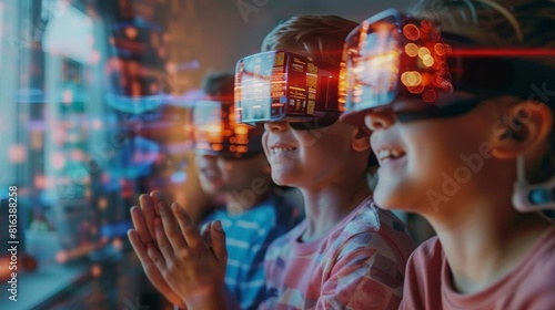 Three children wearing virtual reality  VR  headsets  engaging with a digital world. The scene is colorful with futuristic graphics.