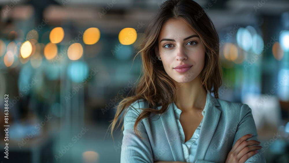 Obraz premium Ambitious Young Female Entrepreneur in Modern Office, Leading Business Innovation and Corporate Success