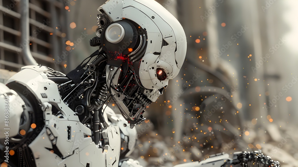 Fototapeta premium Technological Retrogression Visualized by Collapsing Bionic Advancements Crippled by Cybernetic Malware