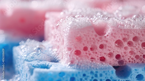 Closeup image of isolated pink and blue dishwashing sponges