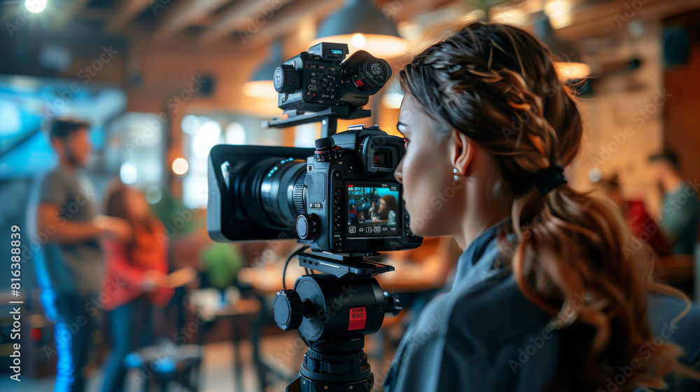 A focused female filmmaker operating a professional camera on a busy film set with crew in the background. A focused female filmmaker operating a professional camera on a busy film set with crew in the background.