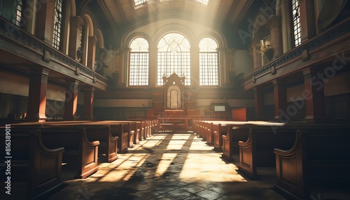 The photo shows the interior of a beautiful church with stained glass windows and wooden pews.