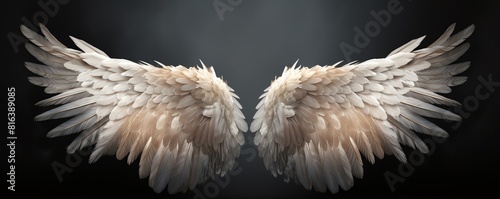 A pair of realistic angel wings with dark background.
