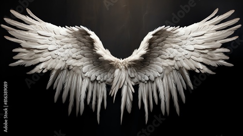 A pair of realistic angel wings with white feathers outspread against a black background. photo