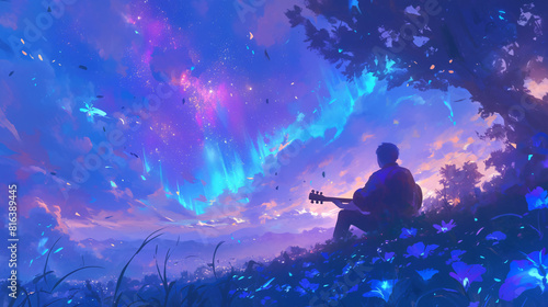A young man plays the guitar on top of grass