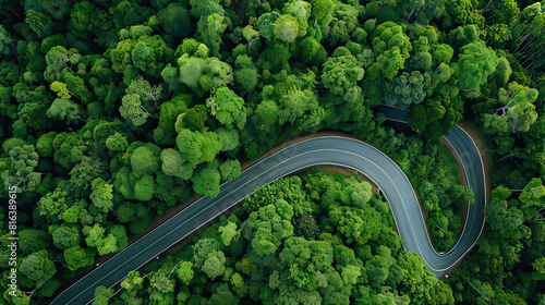 Aerial view green forest and asphalt road, Top view forest road going through forest with car adventure, Ecosystem ecology healthy environment road trip travel. © SONGPOL