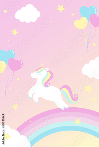 vector background with a unicorn  rainbow and balloons in cloudy sky for banners  cards  flyers  social media wallpapers  etc.