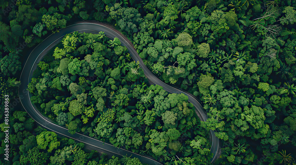 Aerial view green forest and asphalt road, Top view forest road going through forest with car adventure, Ecosystem ecology healthy environment road trip travel. Aerial view green forest and asphalt road, Top view forest road going through forest with car adventure, Ecosystem ecology healthy environment road trip travel.