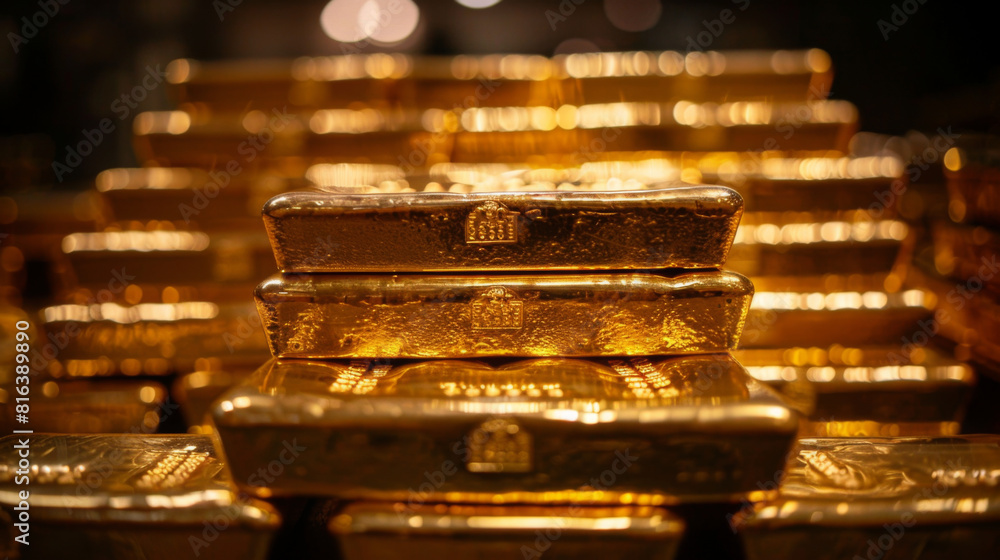 Close-up view of multiple gold bars stacked, shimmering under warm light, representing wealth and investment. Close-up view of multiple gold bars stacked, shimmering under warm light, representing wealth and investment.