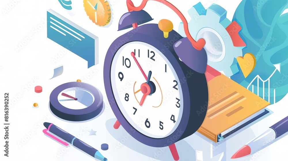 Obraz premium Create a modern isometric illustration of an alarm clock with a book, pen, compass, and gear. The illustration should be colorful and have a flat design style.