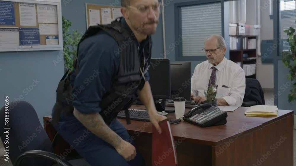Police detective stands up and walks off camera with computer data entry Police detective stands up and walks off camera with computer data entry