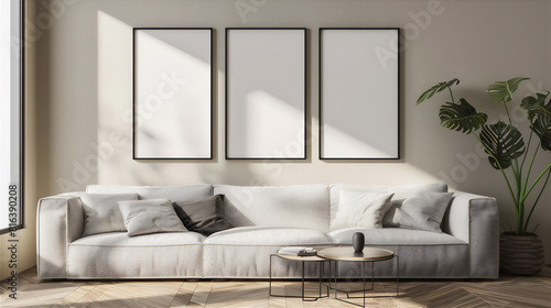 Mock Up three Poster Frame on the wall in minimalist interior living room with white couch  luxury interior  3d interior illustration.