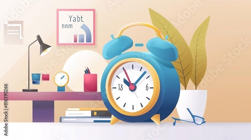 A beautiful illustration of a desk with a blue alarm clock, books, glasses, a lamp, a clock, and a plant. The background is a gradient of orange and yellow.