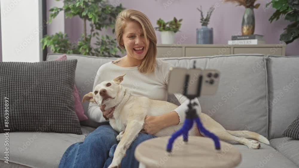 A young woman enjoys a playful moment with her dog while recording a selfie video indoors on a cozy sofa at home. A young woman enjoys a playful moment with her dog while recording a selfie video indoors on a cozy sofa at home.