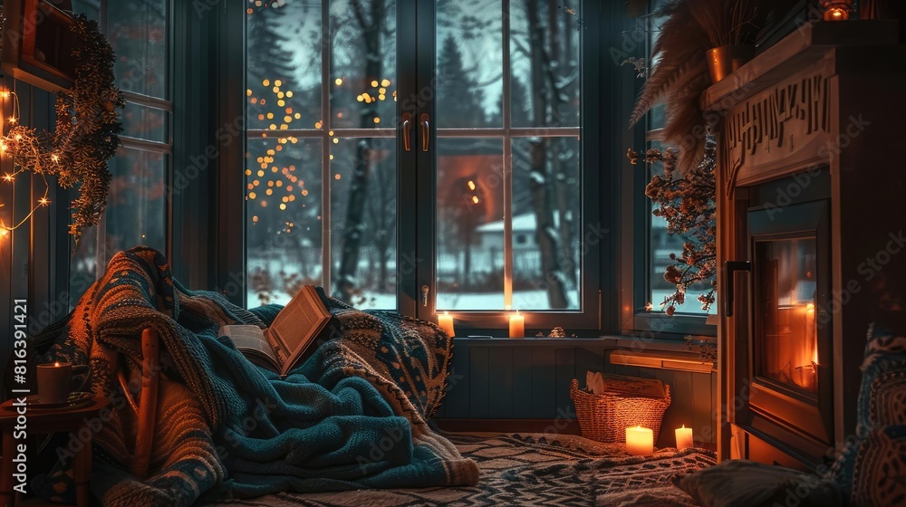 A peaceful night by the fireplace, with a person reading a book under blankets and the gentle glow of candlelight