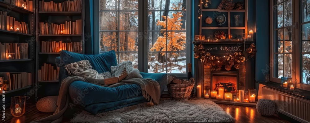 A quiet study with a warm fireplace and glowing candles, where someone reads a book of magic