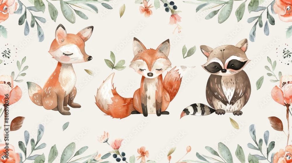 Fototapeta Whimsical watercolor collection of woodland creatures, featuring a playful baby fox, shy deer, mischievous raccoon, and wise owl among floral accents