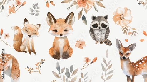 Whimsical watercolor collection of woodland creatures, featuring a playful baby fox, shy deer, mischievous raccoon, and wise owl among floral accents photo
