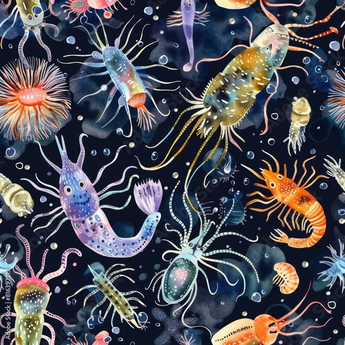 Watercolor seamless pattern of whimsically drawn plankton  a mix of phyto and zooplankton  creating a captivating and informative backdrop for environmentally conscious projects