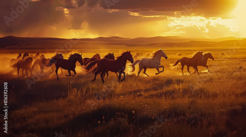 Horses running freely across a field during a golden sunset  capturing the essence of freedom