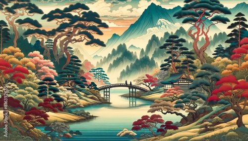 an scenery landscape embodies a cultural fusion between Japanese ukiyo-e prints and European tempera painting
