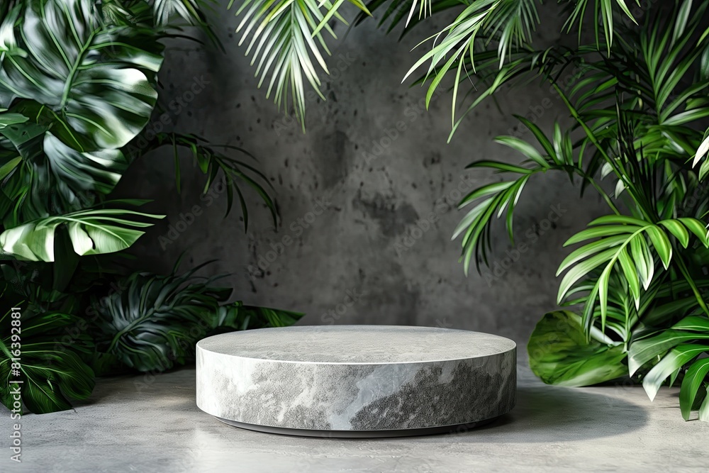 An eye-catching mockup featuring an empty gray stone podium stand set against a backdrop of lush tropical leaves, creating a natural and luxurious ambiance for showcasing cosmetics or skincare items, An eye-catching mockup featuring an empty gray stone podium stand set against a backdrop of lush tropical leaves, creating a natural and luxurious ambiance for showcasing cosmetics or skincare items,