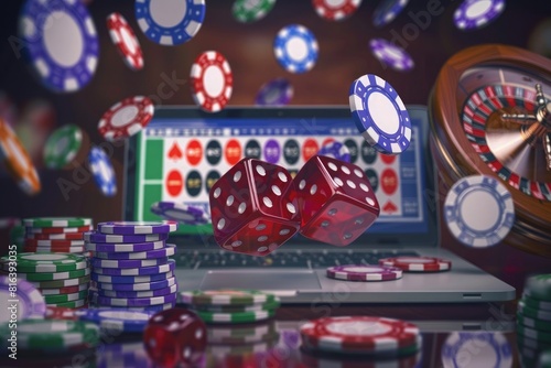 laptop with casino chips flying around, roulette wheel and cards on the background, dark blurred room background, digital art style photo