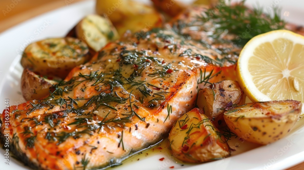 Grilled salmon marinated in a savory blend of sauce dill seasonings and lemon accompanied by potatoes Grilled salmon marinated in a savory blend of sauce dill seasonings and lemon accompanied by potatoes
