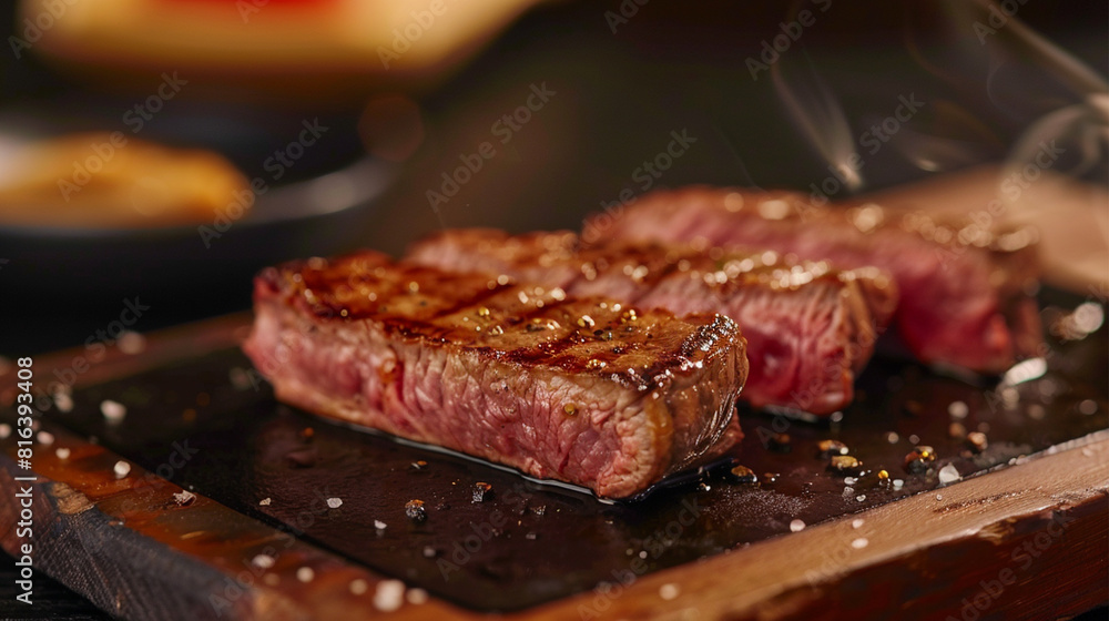 Realistic photo of Wagyu beef steak menu with rare doneness level, European restaurant background Realistic photo of Wagyu beef steak menu with rare doneness level, European restaurant background