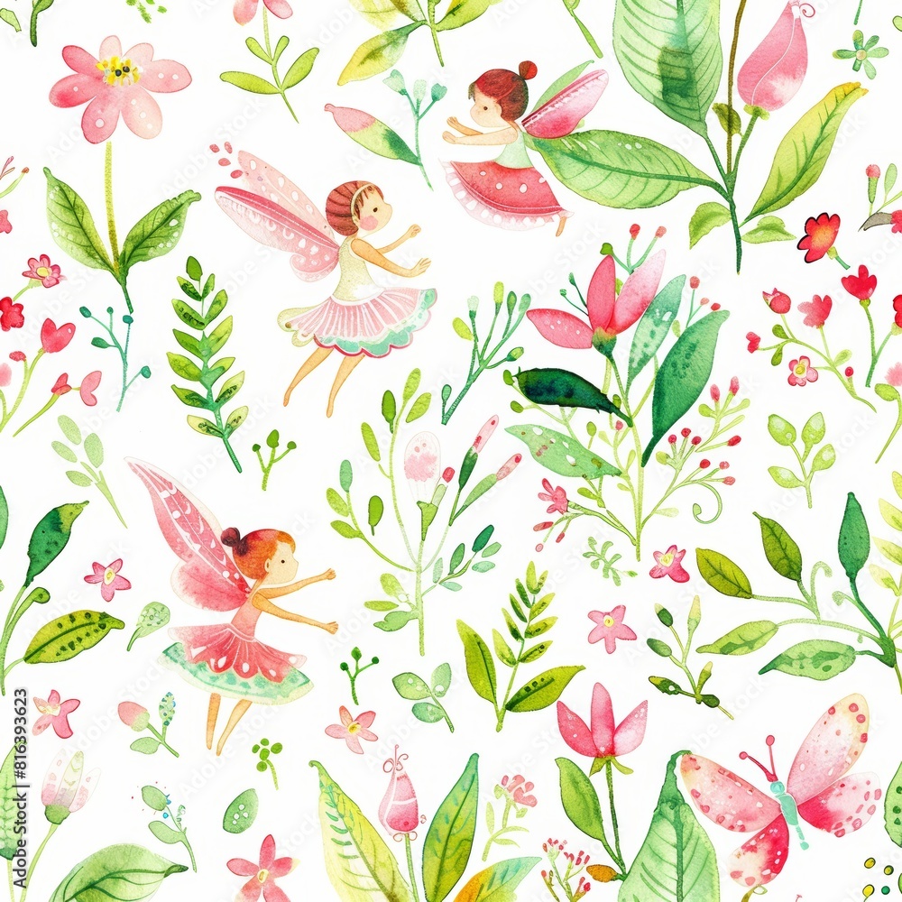 Whimsical watercolor seamless pattern with tiny fairies and vibrant flowers, rendered in shades of pink and green, ideal for eco-friendly baby backgrounds Whimsical watercolor seamless pattern with tiny fairies and vibrant flowers, rendered in shades of pink and green, ideal for eco-friendly baby backgrounds