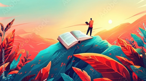 A dynamic 3D setting with vibrant gradient tones, where someone reads a captivating book
