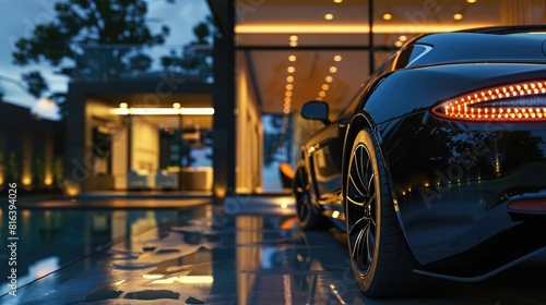 Luxury Car Parked at Modern Luxury House at Night extreme closeup. Generative AI © Khalif