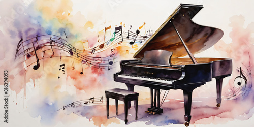 grand piano and notes.  watercolor art