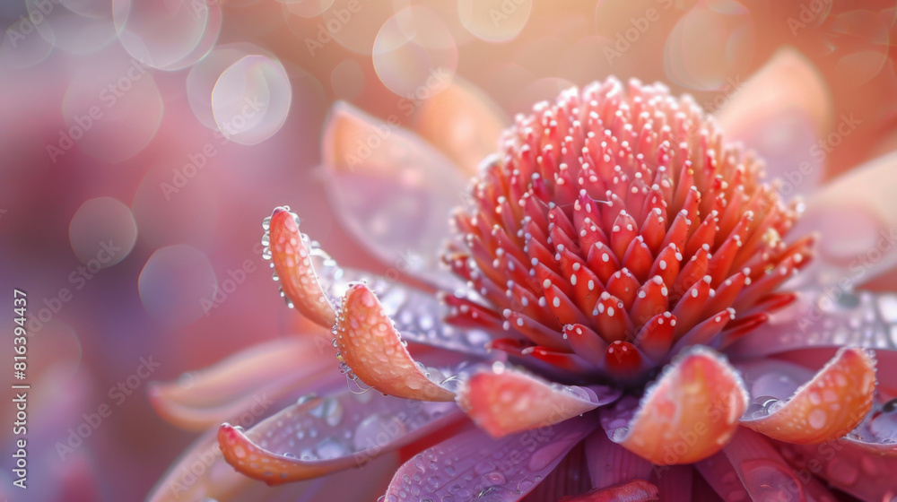 Macro shot of a vibrant red exotic flower covered in morning dewdrops, highlighting its unique texture. Macro shot of a vibrant red exotic flower covered in morning dewdrops, highlighting its unique texture.