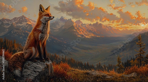 The Fox in Golden Glow as Sun Sets Behind Peaks photo