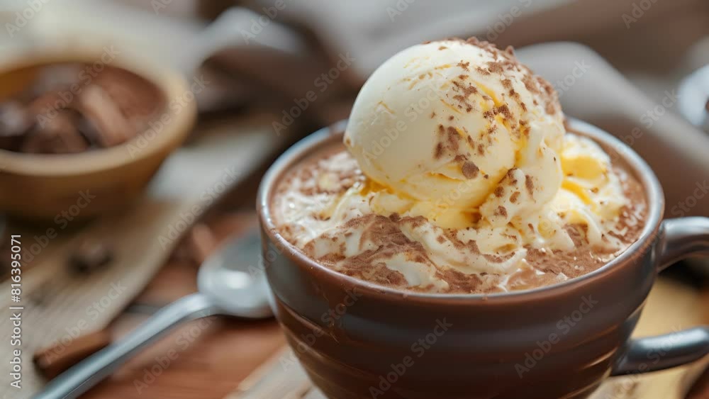 A hot chocolate affogato with a scoop of vanilla ice cream poured over a hot chocolate for a creamy and delicious twist on the classic treat. A hot chocolate affogato with a scoop of vanilla ice cream poured over a hot chocolate for a creamy and delicious twist on the classic treat.