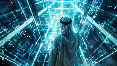 Arab Gulf man inside a futuristic server room. Middle Eastern in Kandura and dish dash