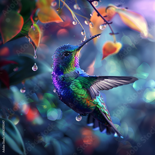 colorful hummingbird with a drop of water on a fantastic forest background, 3d, blue colors © heri kuswanto