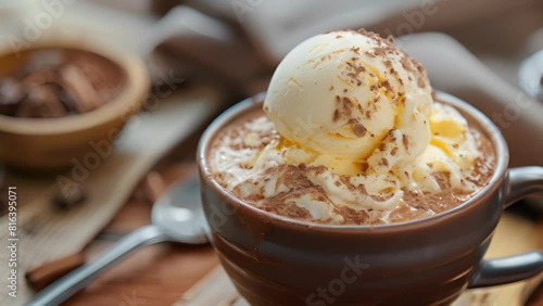 A hot chocolate affogato with a scoop of vanilla ice cream poured over a hot chocolate for a creamy and delicious twist on the classic treat. photo