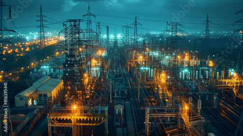 A sprawling power grid facility illuminated at night  showcasing complex industrial infrastructure.