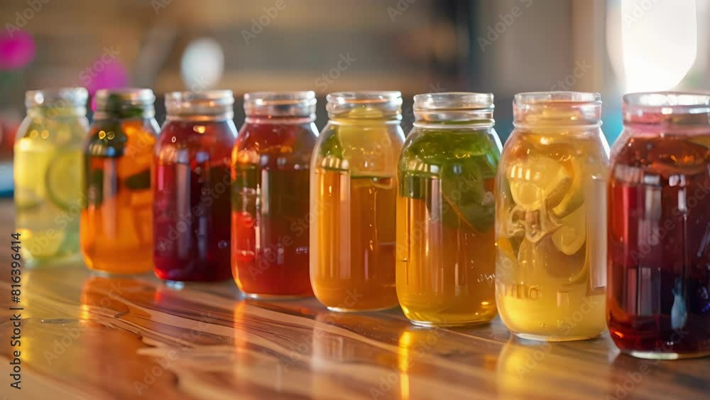 A row of mason jars filled with a variety of homemade nonalcoholic shrubs a flad vinegarbased beverage await a taste test by a curious group of friends. A row of mason jars filled with a variety of homemade nonalcoholic shrubs a flad vinegarbased beverage await a taste test by a curious group of friends.
