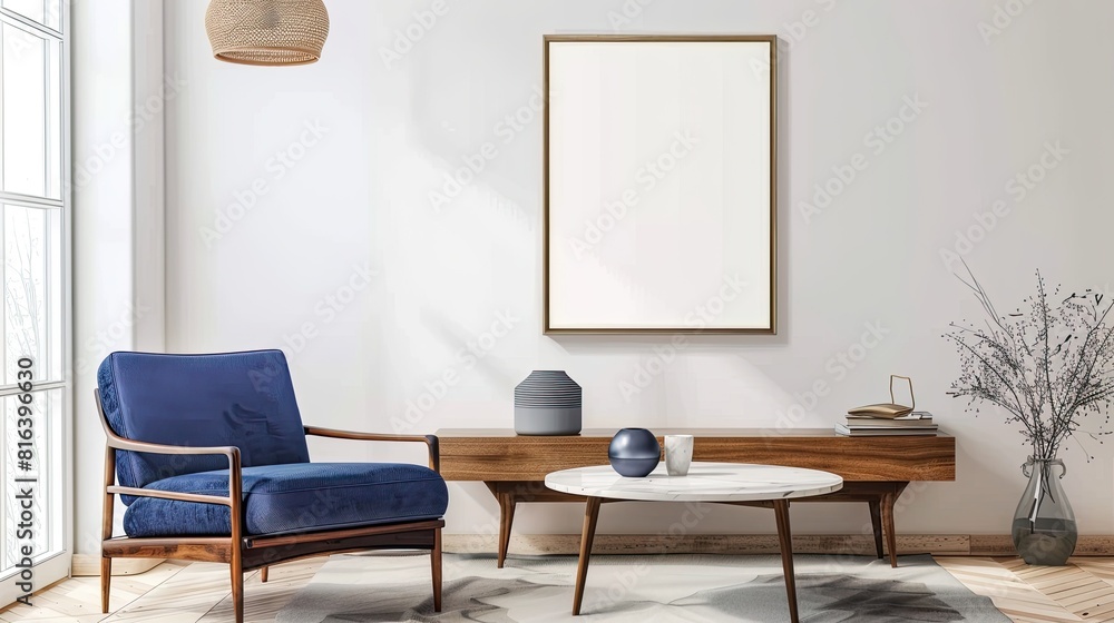 Lounge chair with round coffee table and a natural wood console table under a wall poster mockup frame , bright relxing sitting place of modern living room Lounge chair with round coffee table and a natural wood console table under a wall poster mockup frame , bright relxing sitting place of modern living room
