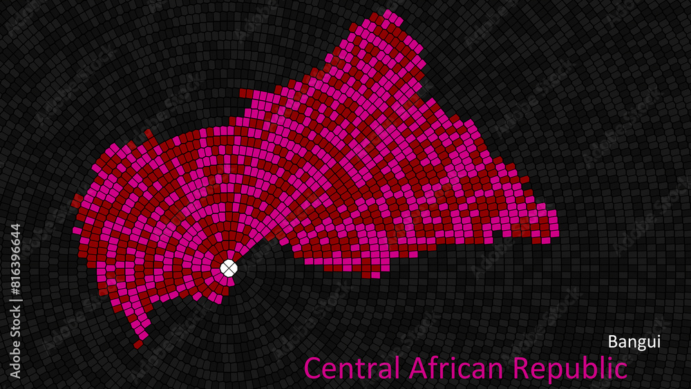 Obraz premium A map of Central African Republic is presented as a mosaic with a dark background, and the country's borders are outlined in the shape of a colorful mosaic, centered around the capital city.